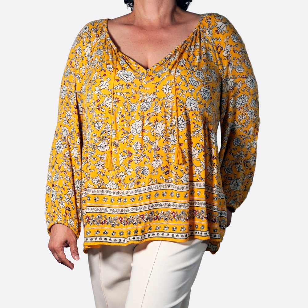 Old‎ Navy Peasant Blouse Mustard Yellow Floral Tassel Tie Boho Top Plus 1X 2X